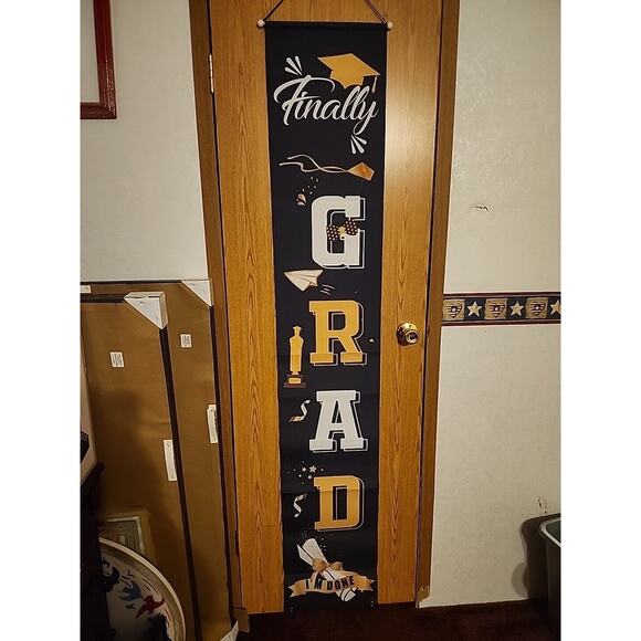 Congratulations Graduation Scroll Pennant 72" & Banner Black Gold White 58x64" - Picture 1 of 8